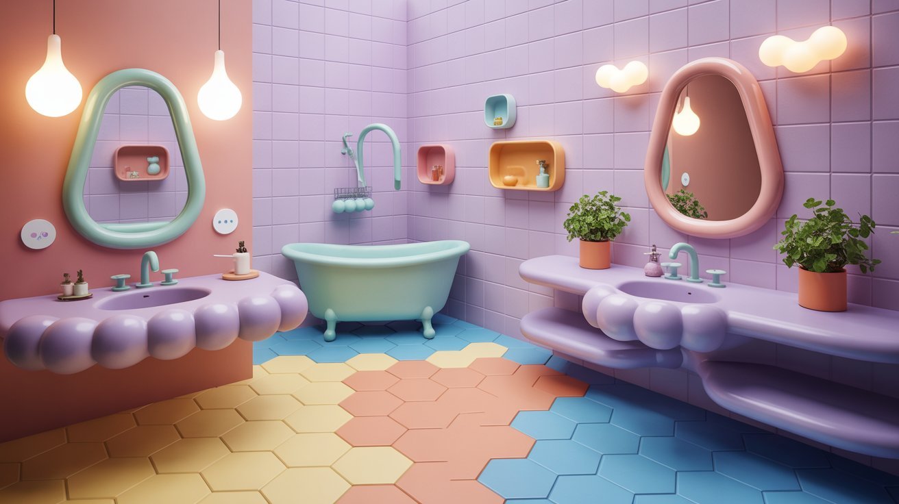 A vibrant bathroom featuring a bathtub, sink, and mirror, showcasing colorful decor and modern design elements.