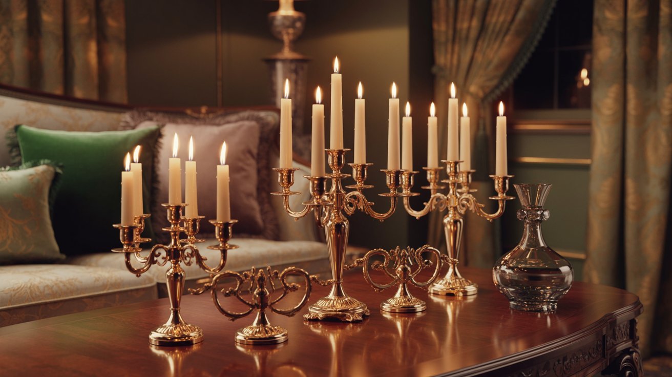 A table adorned with six elegant gold candlesticks arranged neatly on its surface.