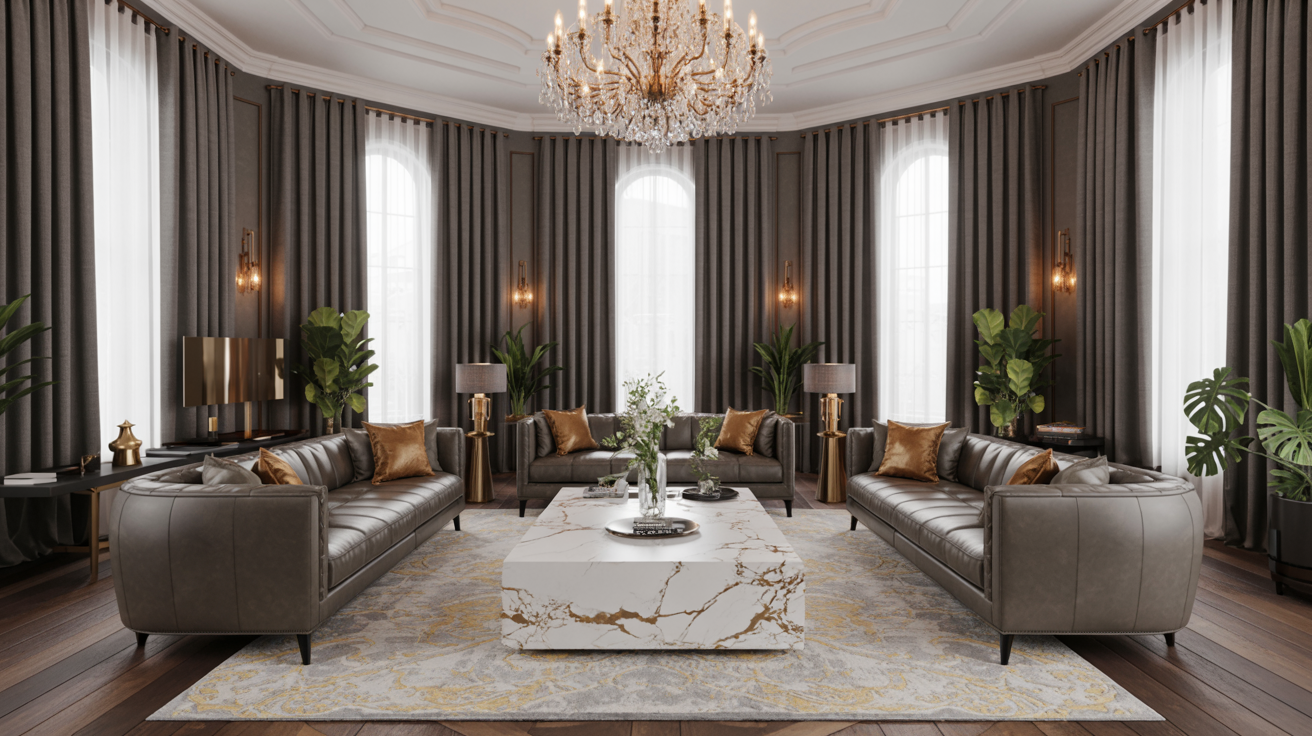 A cozy living room featuring a chandelier above plush couches, creating an inviting atmosphere.