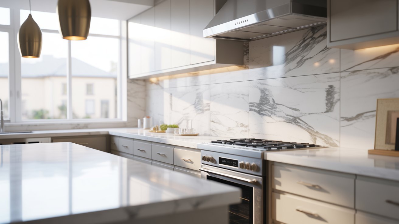 A well-designed kitchen showcasing marble countertops and a built-in stove.