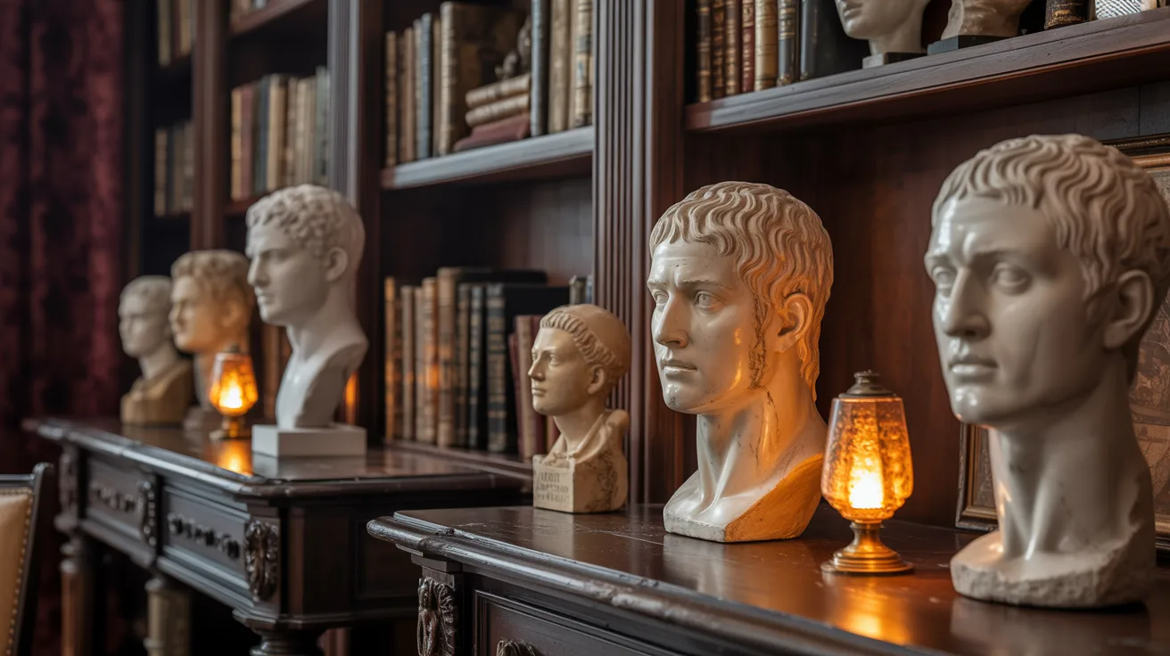 Several artistic busts arranged on a shelf, with a bookcase filled with books visible in the background.

