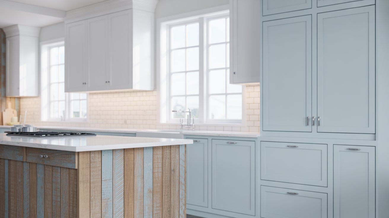 A modern kitchen featuring blue cabinets and warm wood floors, creating a stylish and inviting atmosphere.