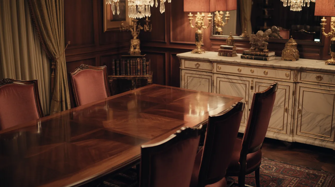 1. A dining room featuring a wooden table surrounded by four chairs, with soft lighting creating a warm atmosphere.
