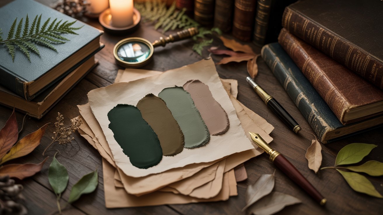 A stack of vintage books beside a fountain pen and a lit candle, creating a cozy reading atmosphere.
