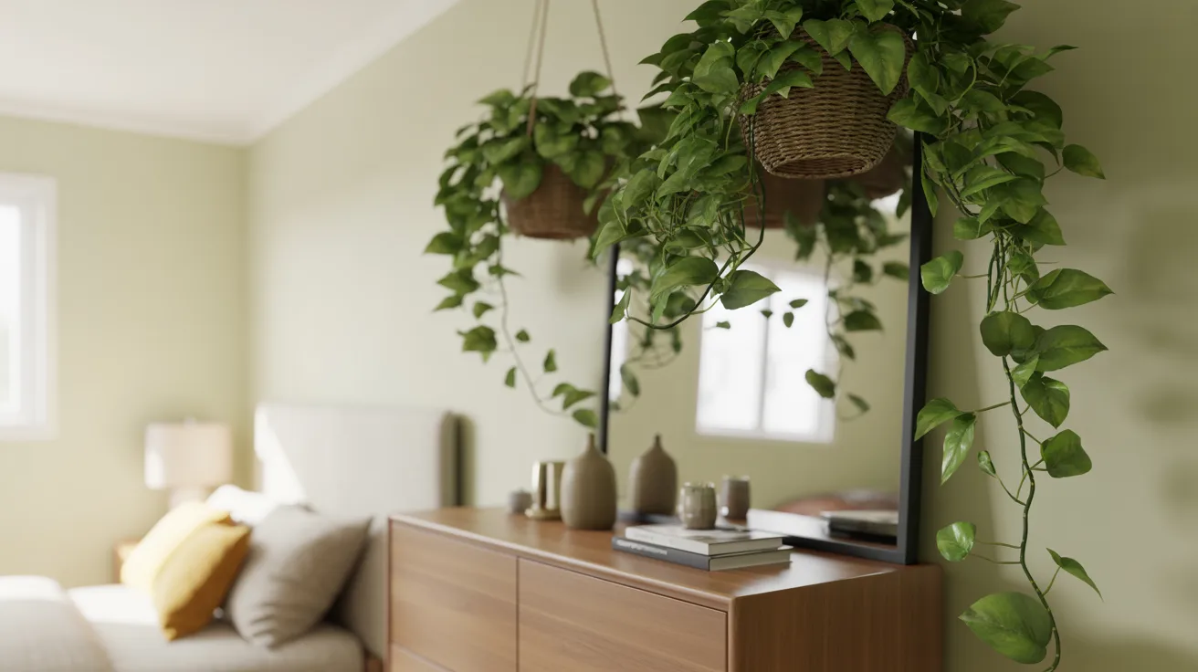 A cozy bedroom featuring a bed, a dresser, and a plant suspended from the ceiling, creating a serene atmosphere.