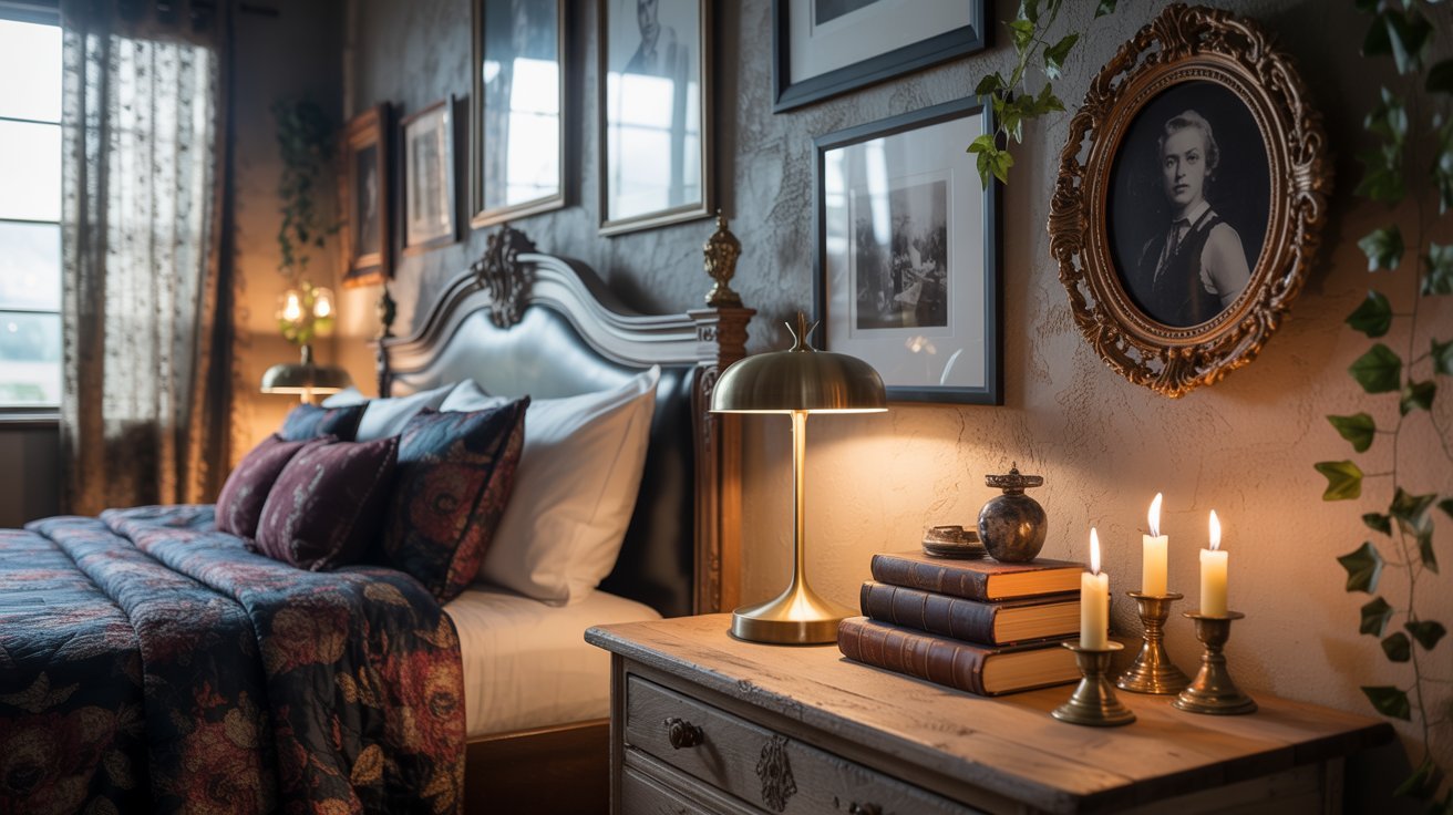 . A cozy bedroom featuring a bed, a nightstand, and a picture frame on the wall.