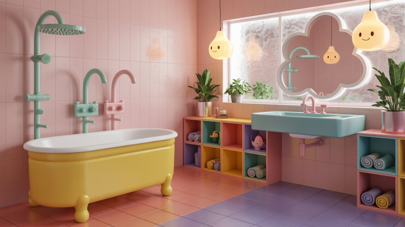  A vibrant bathroom featuring a pink bathtub and shelves filled with colorful items.
