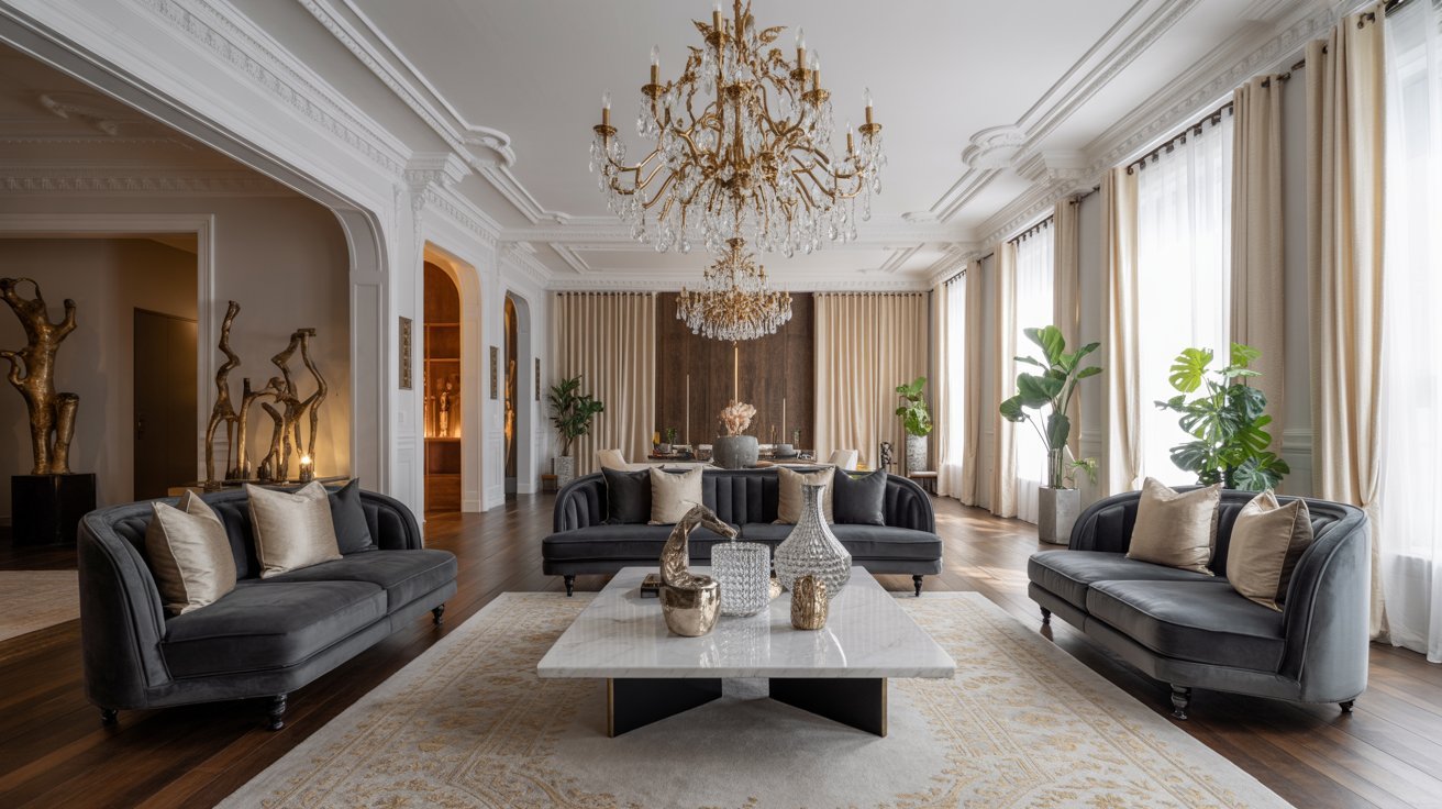 A cozy living room featuring couches, chairs, and an elegant chandelier hanging from the ceiling.