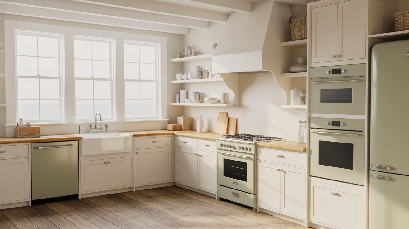  A kitchen featuring a green refrigerator and stove, showcasing a vibrant and modern design.
