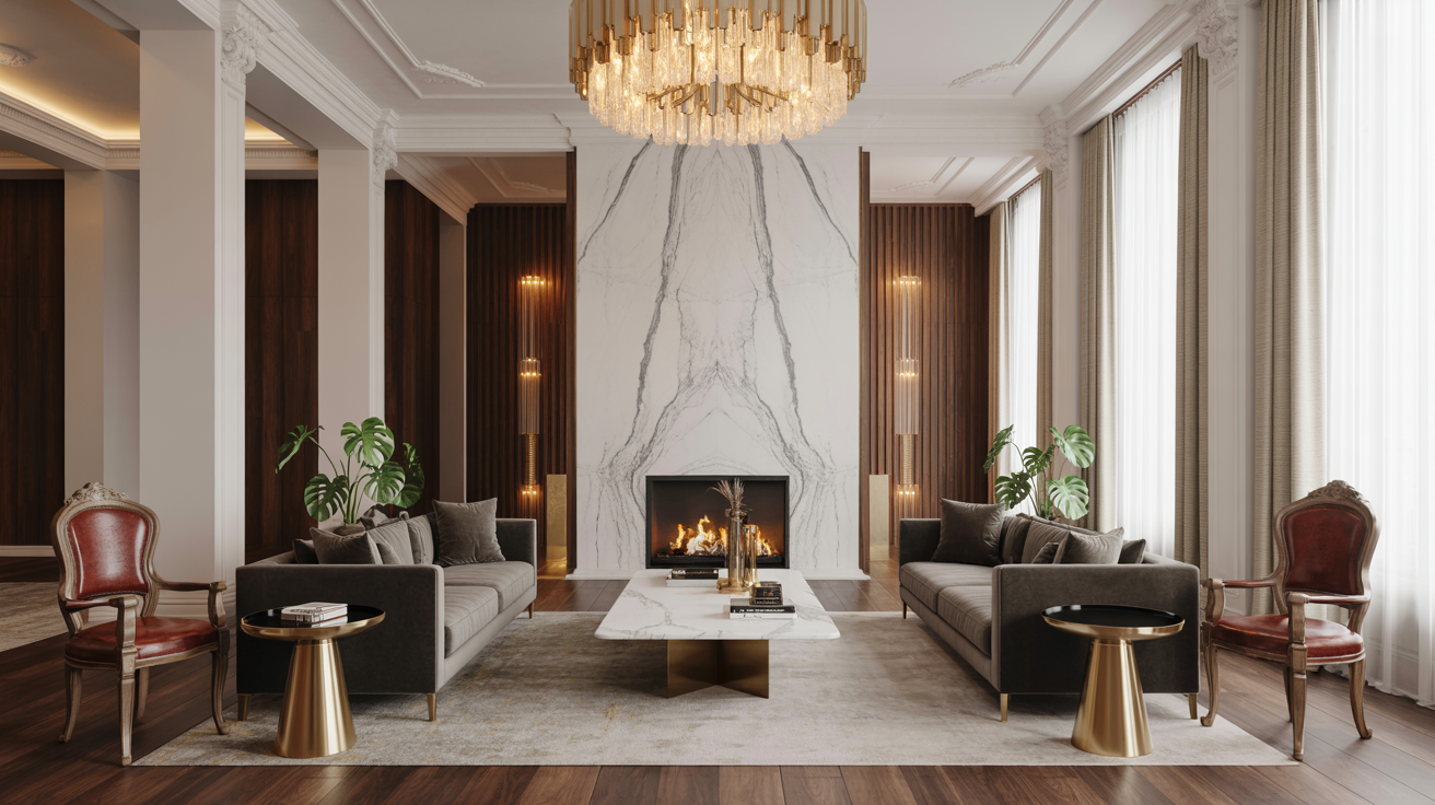 A cozy living room featuring a marble fireplace surround and a warm, inviting fireplace.