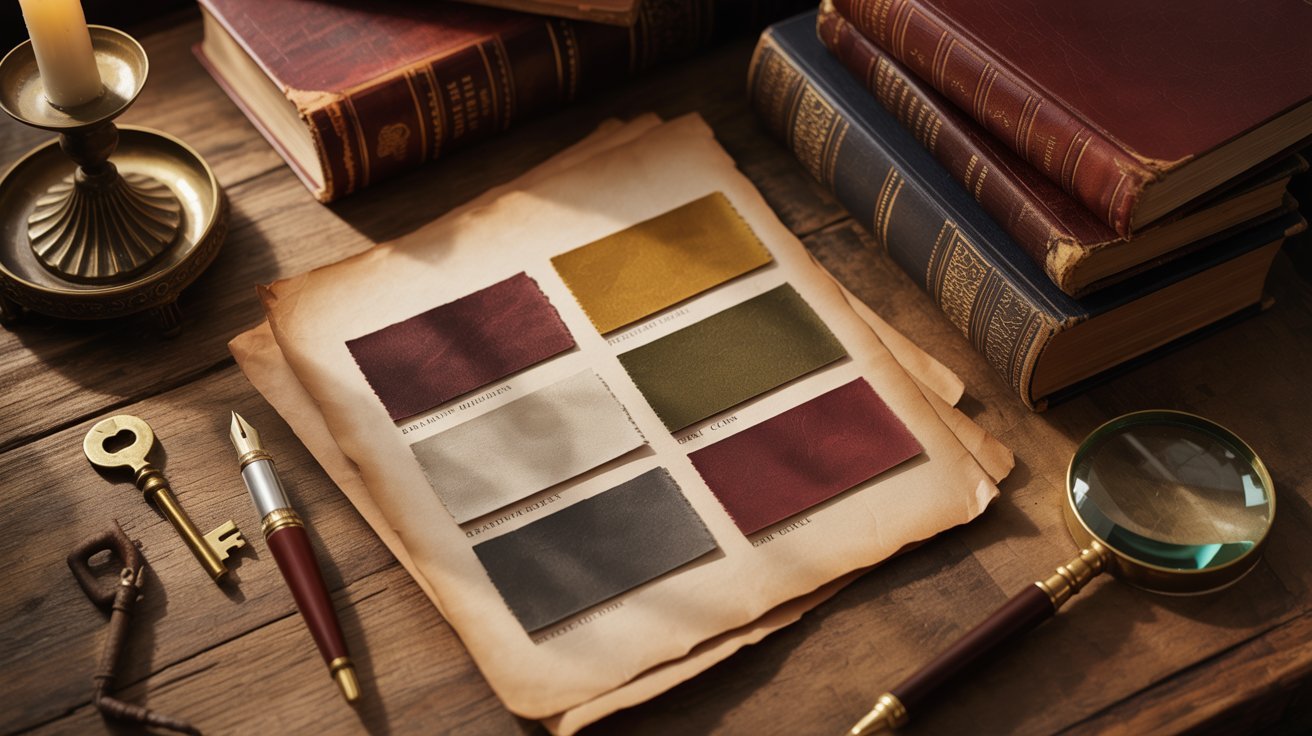 An old book and a magnifying glass among various items displayed on a wooden table.
