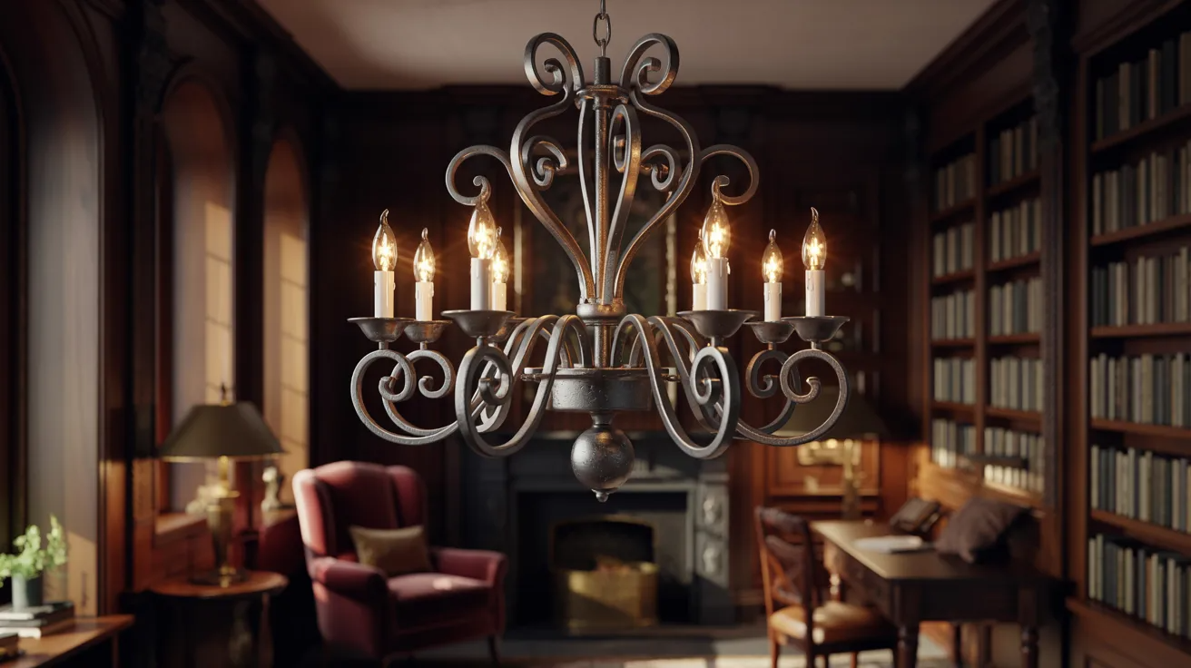 A grand chandelier hangs from the ceiling of a library, surrounded by tall bookshelves filled with books.