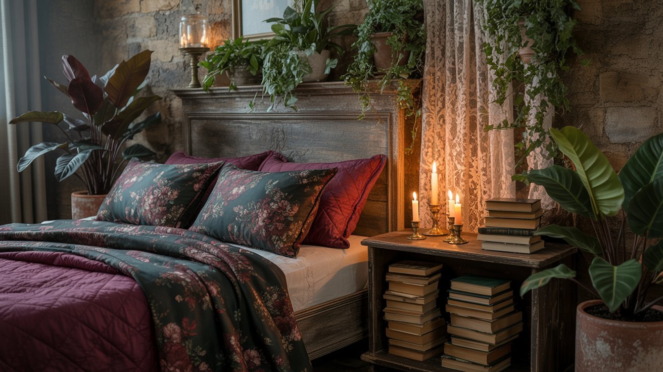 A cozy bedroom featuring a bed, shelves filled with books, and various indoor plants for a refreshing atmosphere.