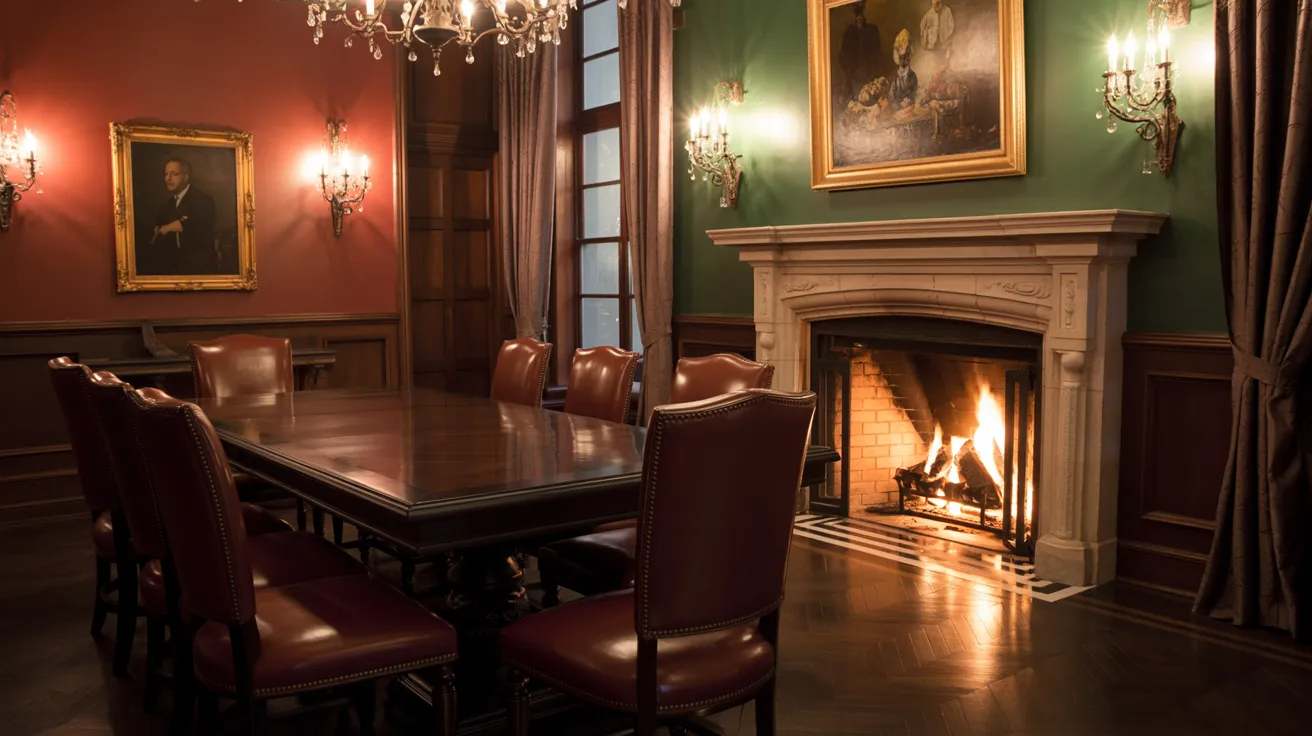  A cozy dining room featuring a fireplace and several chairs arranged around a table.