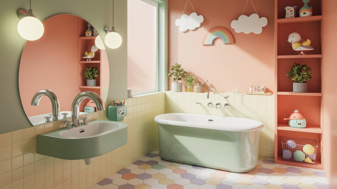 A bathroom featuring pink walls and a green bathtub, creating a vibrant and colorful atmosphere.