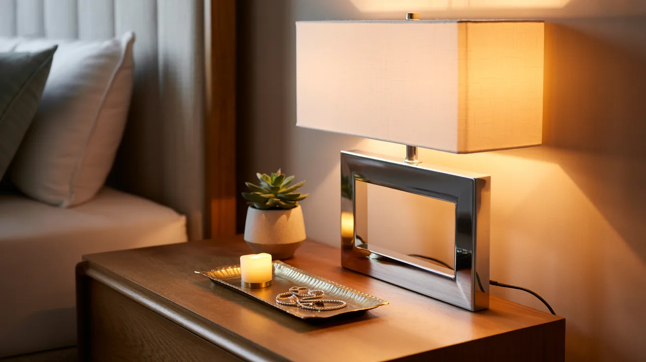 A bedside nightstand adorned with a lamp and a green plant, enhancing the room's decor and ambiance.