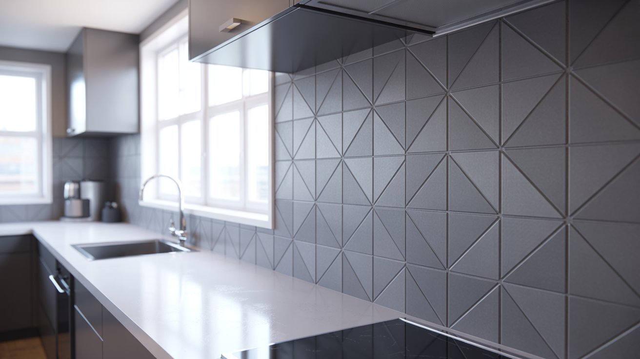 A stylish kitchen with a white counter and gray tiles, showcasing a clean and elegant design.
