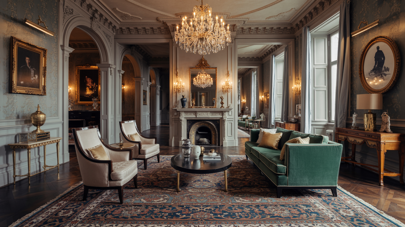 The opulent grand ballroom of the Royal Hotel, London, adorned with chandeliers and intricate architectural details.

