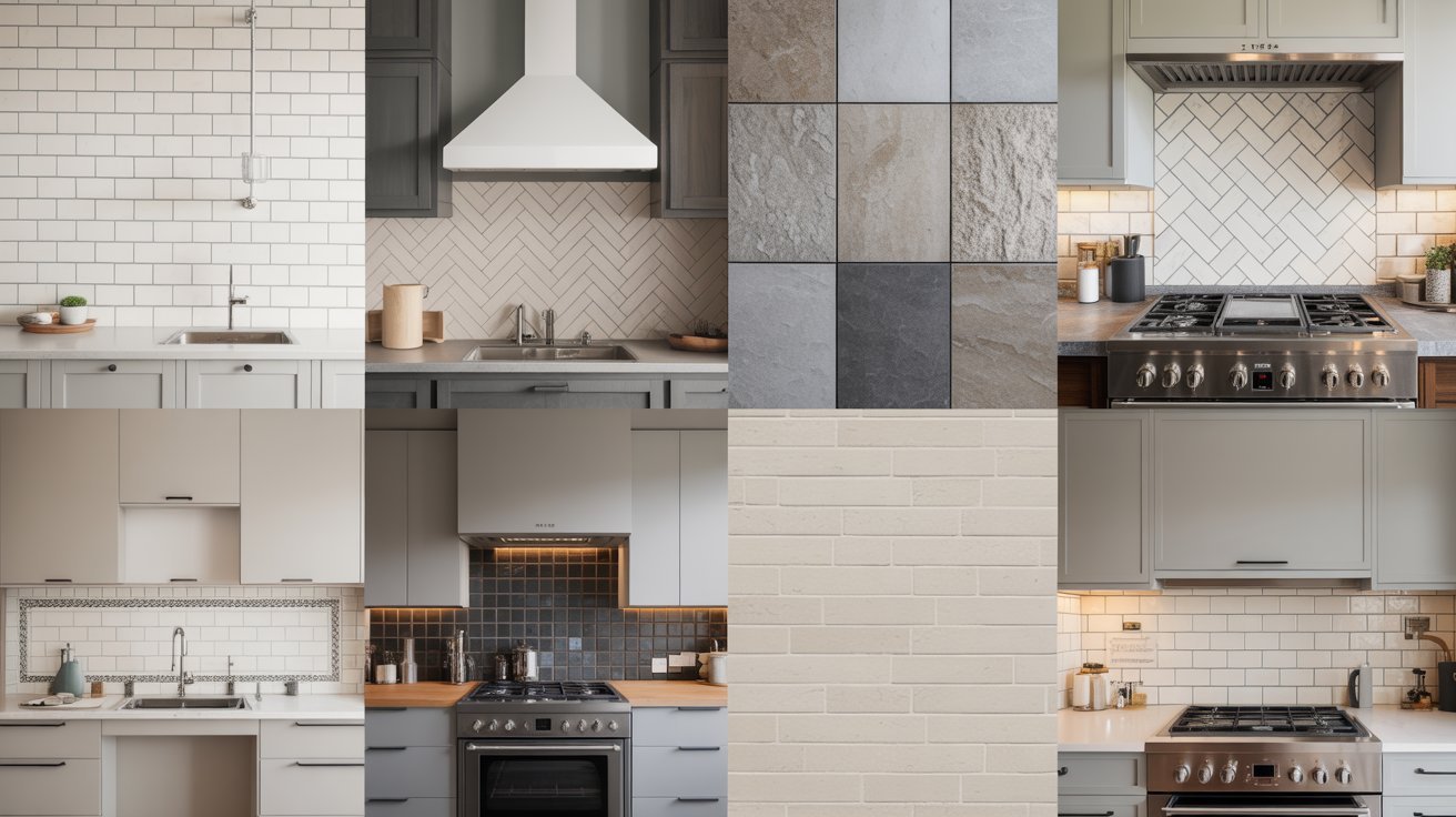 A collage showcasing various styles and colors of kitchen tiles arranged artistically.