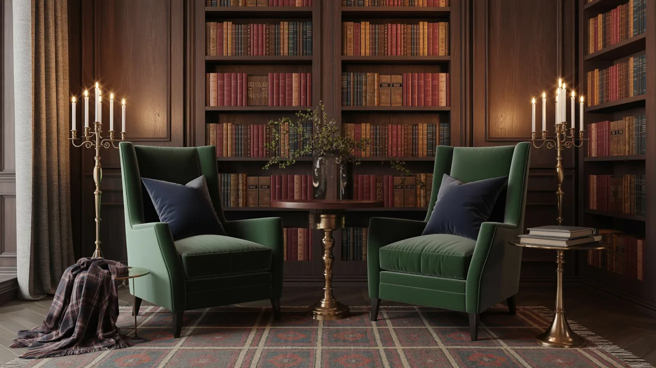 Inside a library, two green chairs are positioned around a table, inviting visitors to sit and read.
