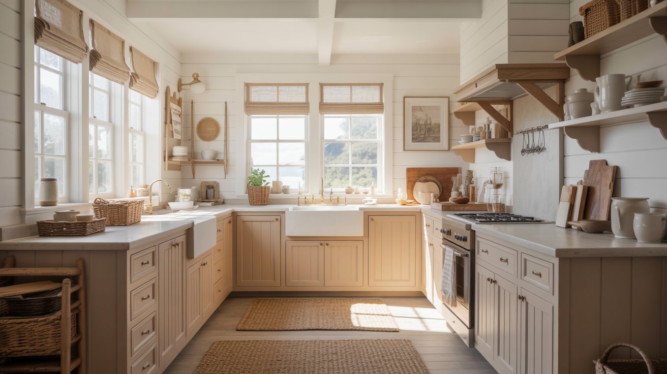 A kitchen featuring white walls and wooden floors, creating a bright and warm atmosphere.
