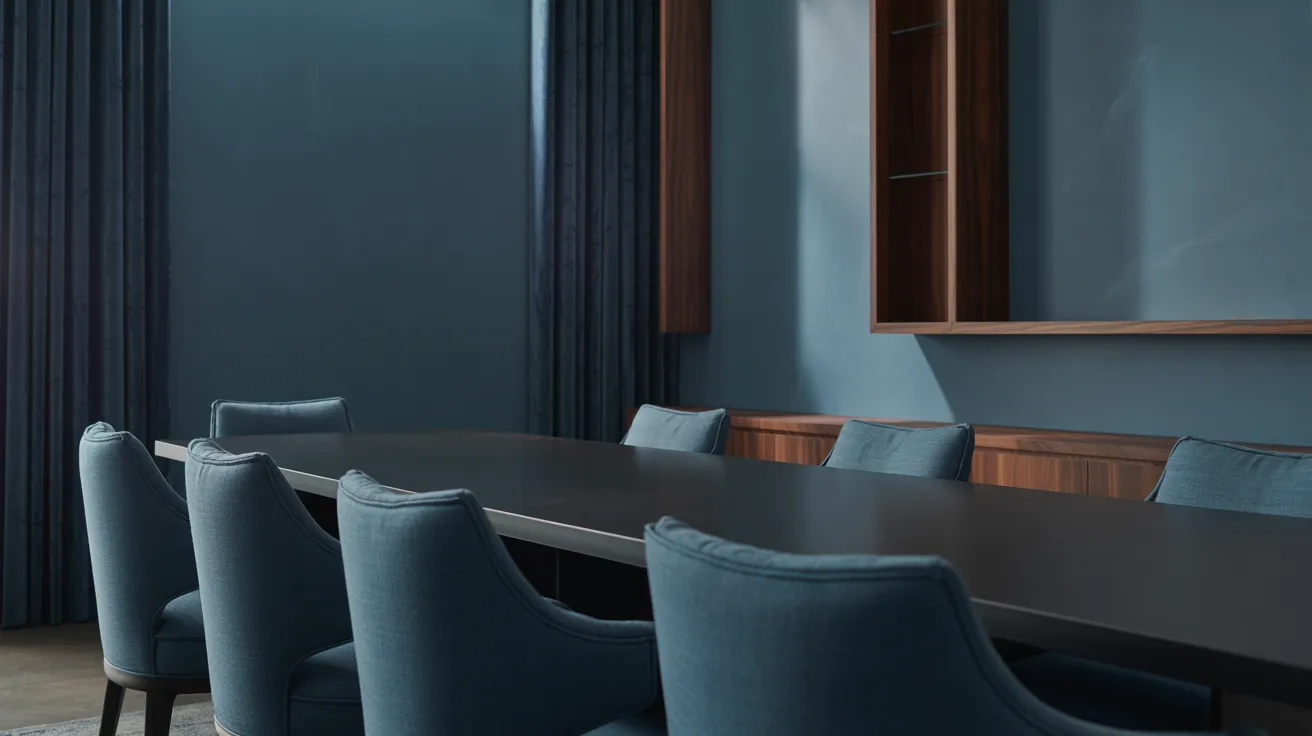 Interior of a conference room with blue walls and blue chairs, designed for meetings and discussions.