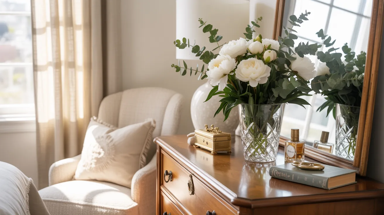 A cozy bedroom featuring a dresser, a mirror, and a vase filled with colorful flowers on top.