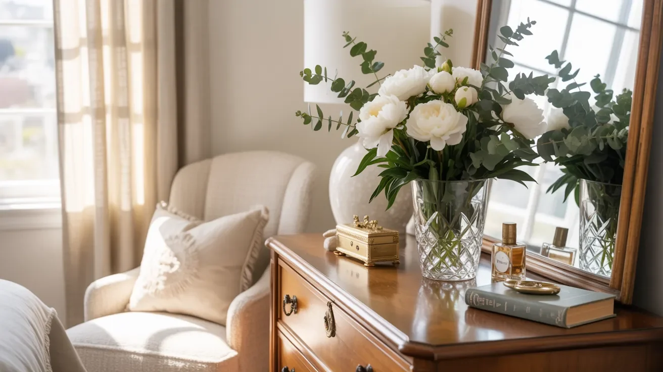 A cozy bedroom featuring a dresser, a mirror, and a vase filled with colorful flowers on top.