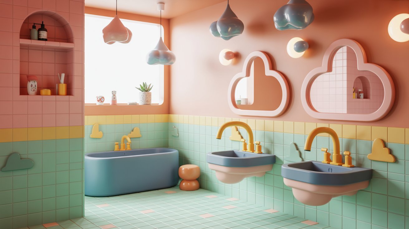 A bathroom featuring pink and blue tiles, with a white sink prominently displayed.
