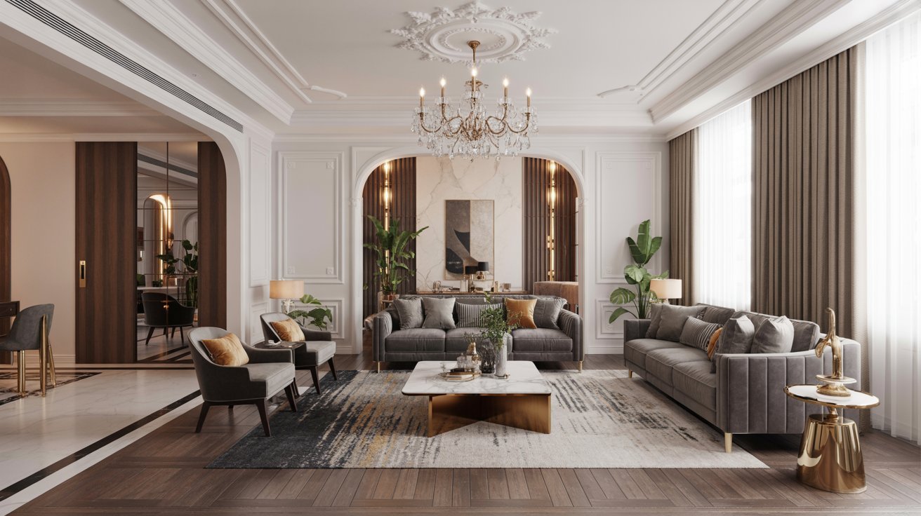 Elegant luxury living room showcasing modern furniture, rich textures, and sophisticated decor ideas for upscale interiors.
