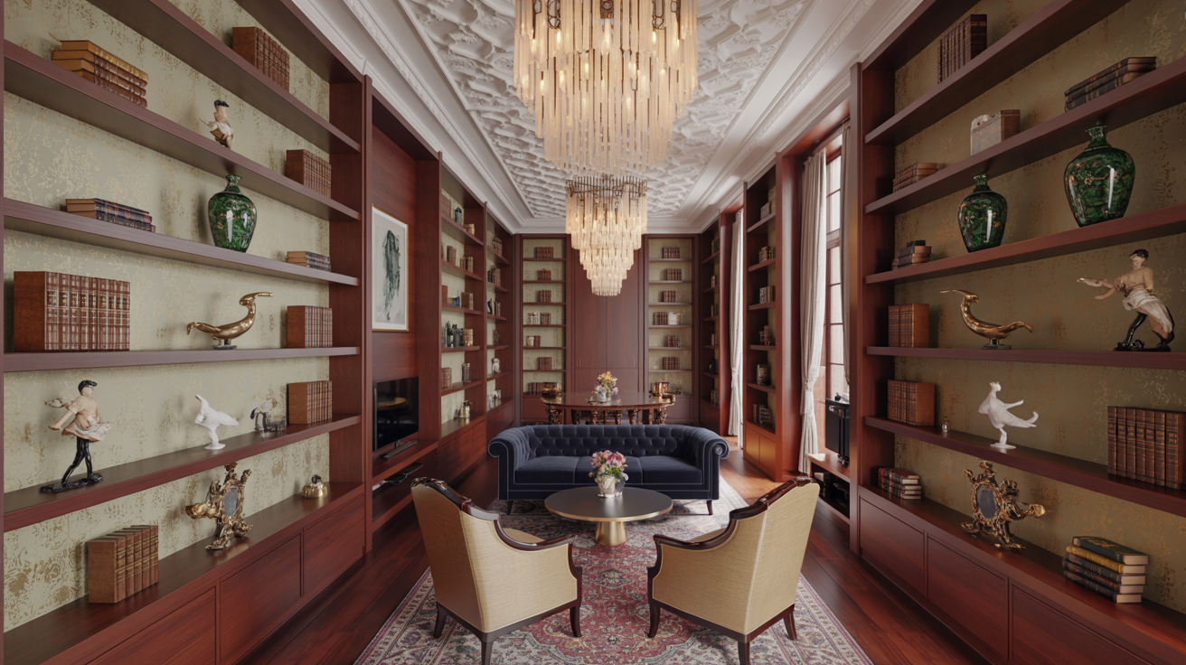 An elegant library showcasing a chandelier above and extensive bookshelves lining the walls.