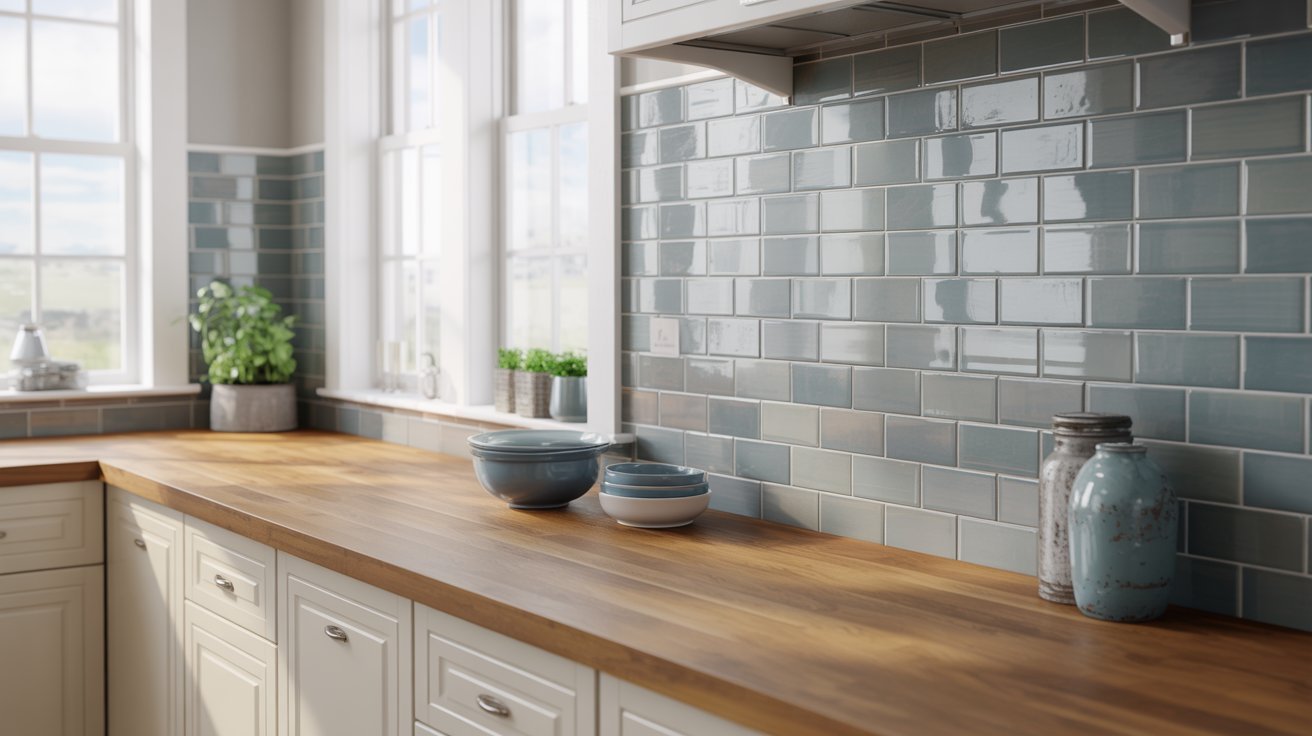 A kitchen featuring blue tiles and wooden countertops, creating a modern and inviting atmosphere.