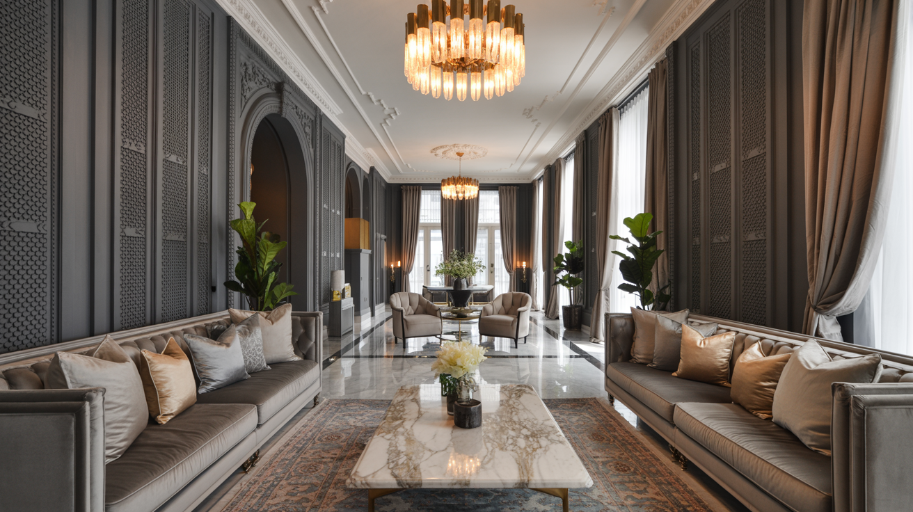  Elegant hotel lobby featuring marble floors and plush couches, exuding luxury and sophistication.