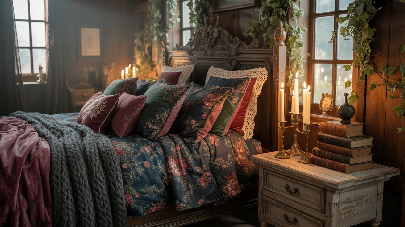 A cozy bedroom featuring a bed, a nightstand, and a warm fireplace, creating a welcoming atmosphere.