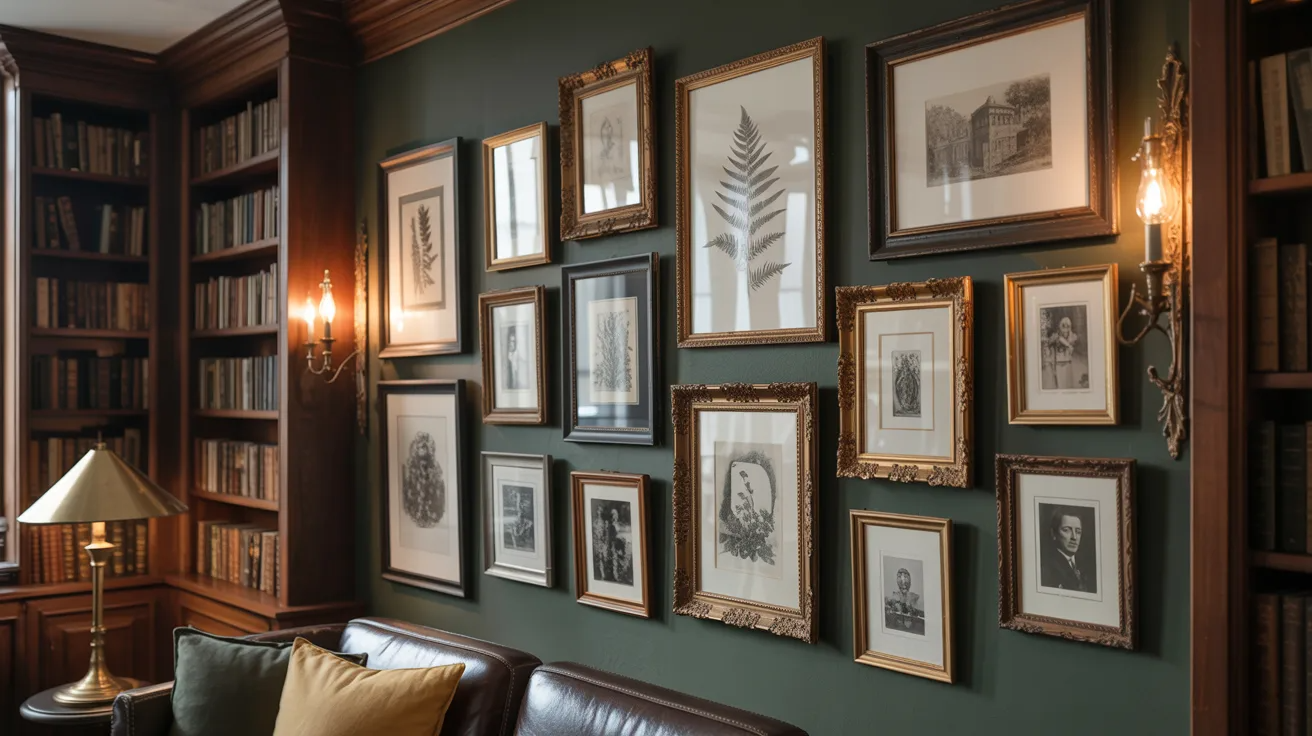 A library interior featuring numerous framed pictures adorning the walls, creating an artistic and inviting atmosphere.