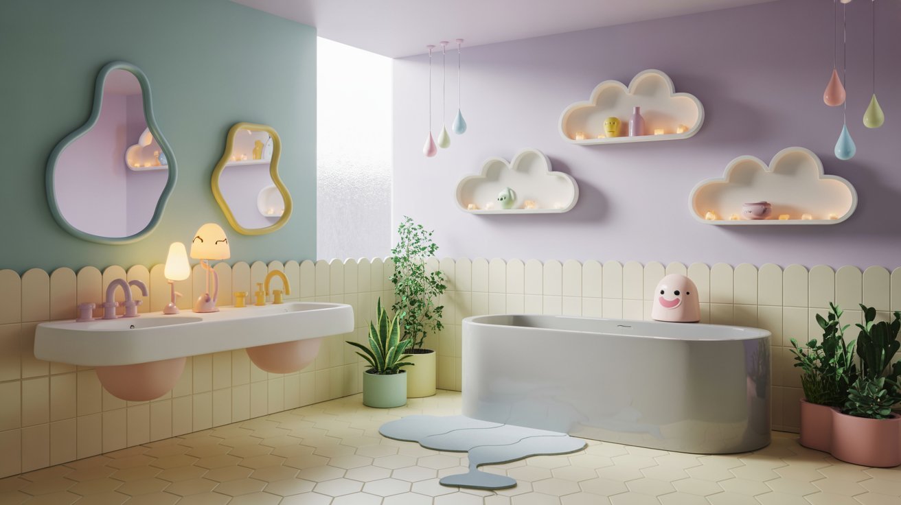 A bathroom featuring a tub, sink, and a shelf decorated with cloud-themed items.