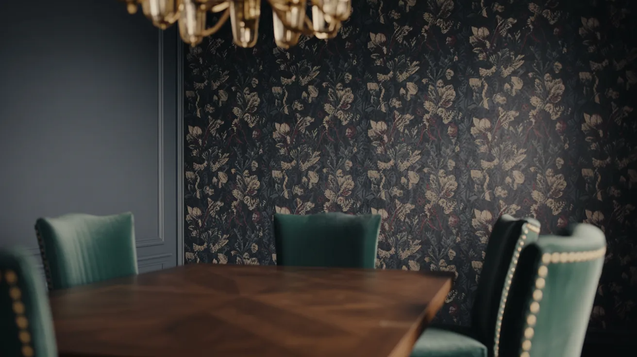A stylish dining room with dark wallpaper and vibrant green chairs, creating a cozy and inviting atmosphere.
