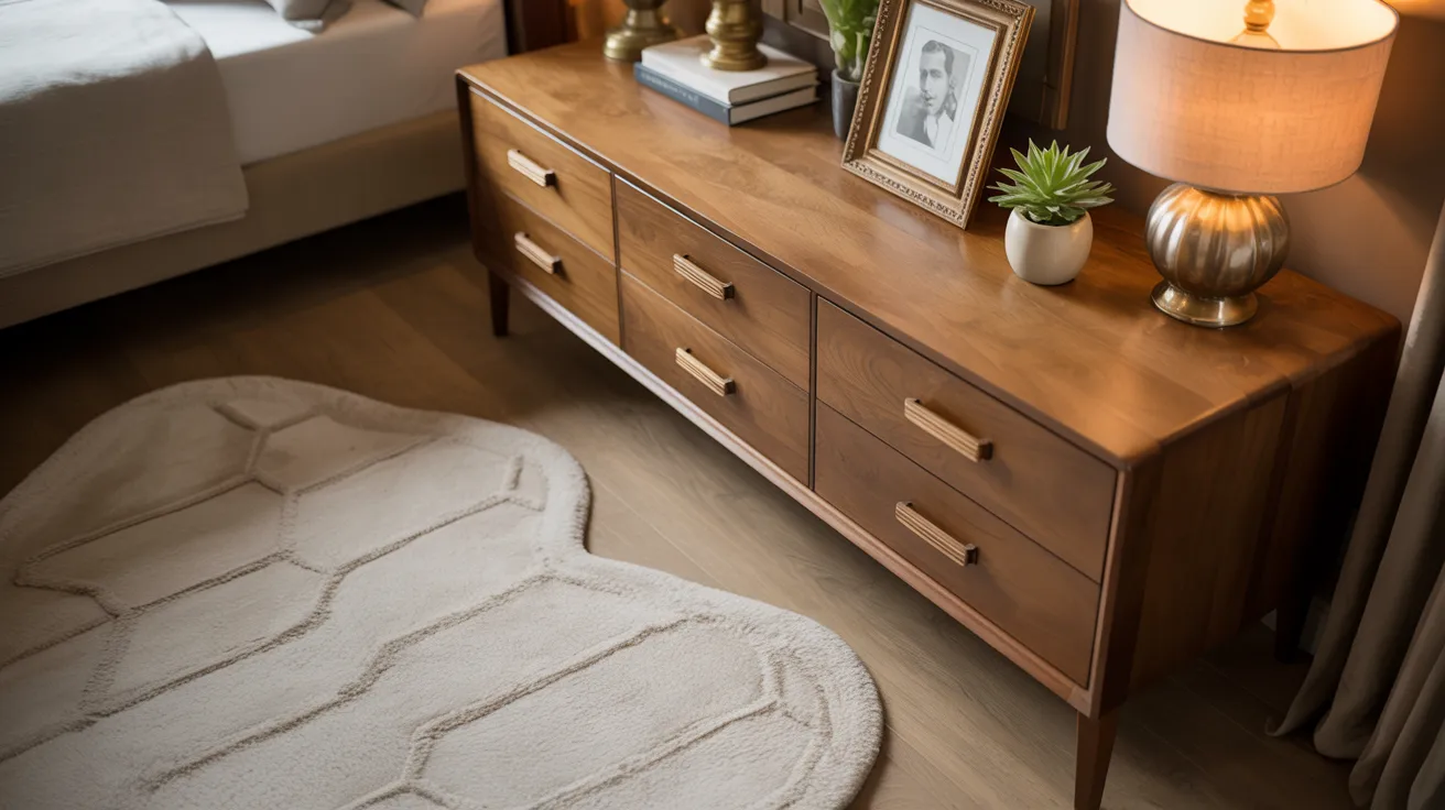 A well-furnished bedroom with a neatly made bed, a nightstand beside it, and a decorative rug underneath.