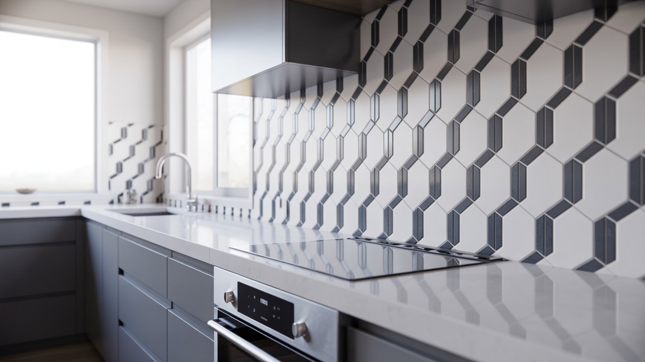  A modern kitchen featuring a white counter and a stylish black and white tiled floor.