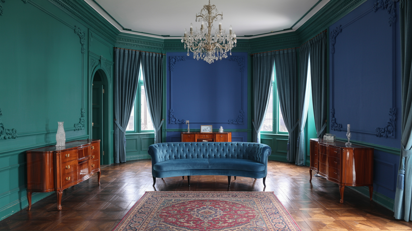 A blue couch located in a room with striking green walls, creating a colorful atmosphere.