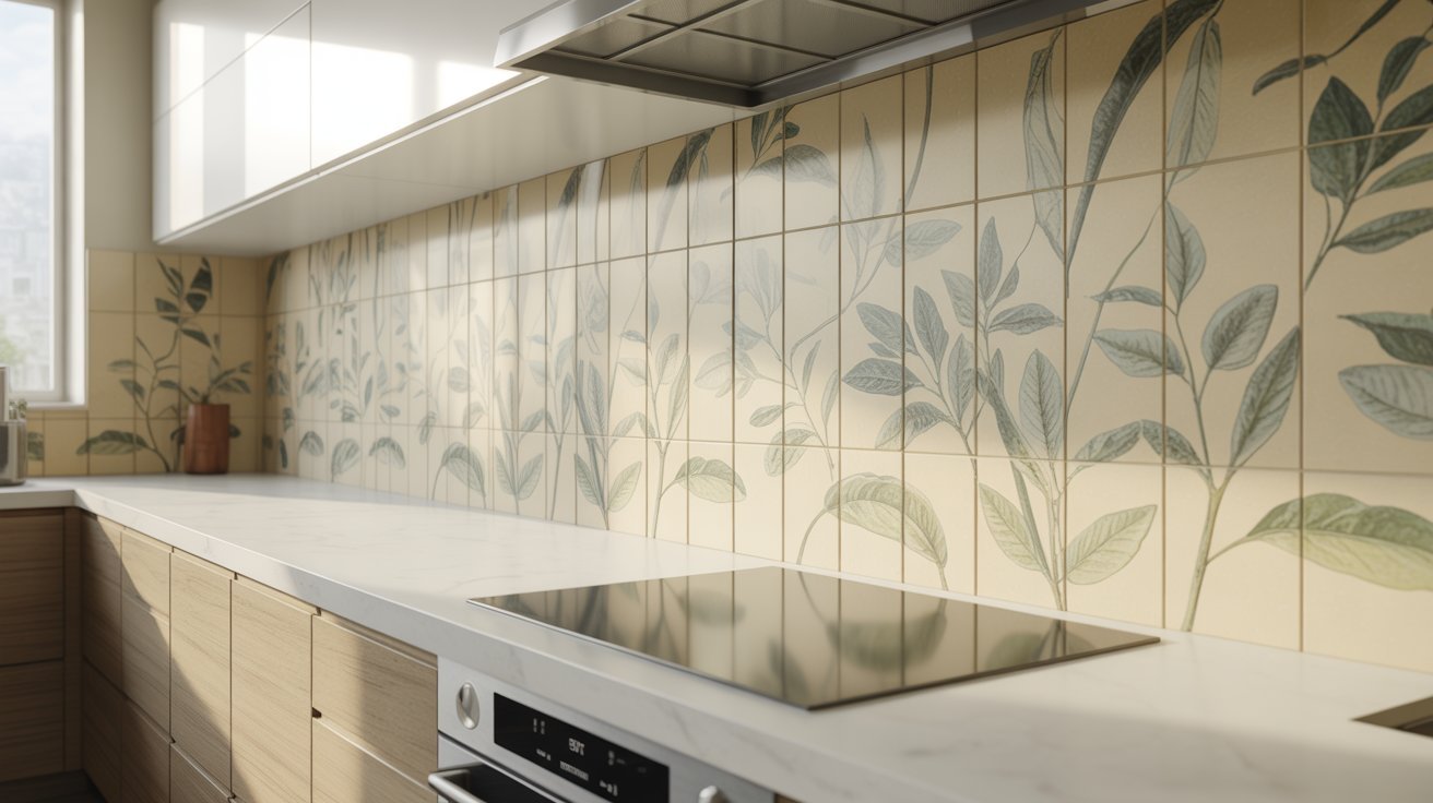 A kitchen featuring a wall adorned with various green plants, creating a vibrant and natural atmosphere.