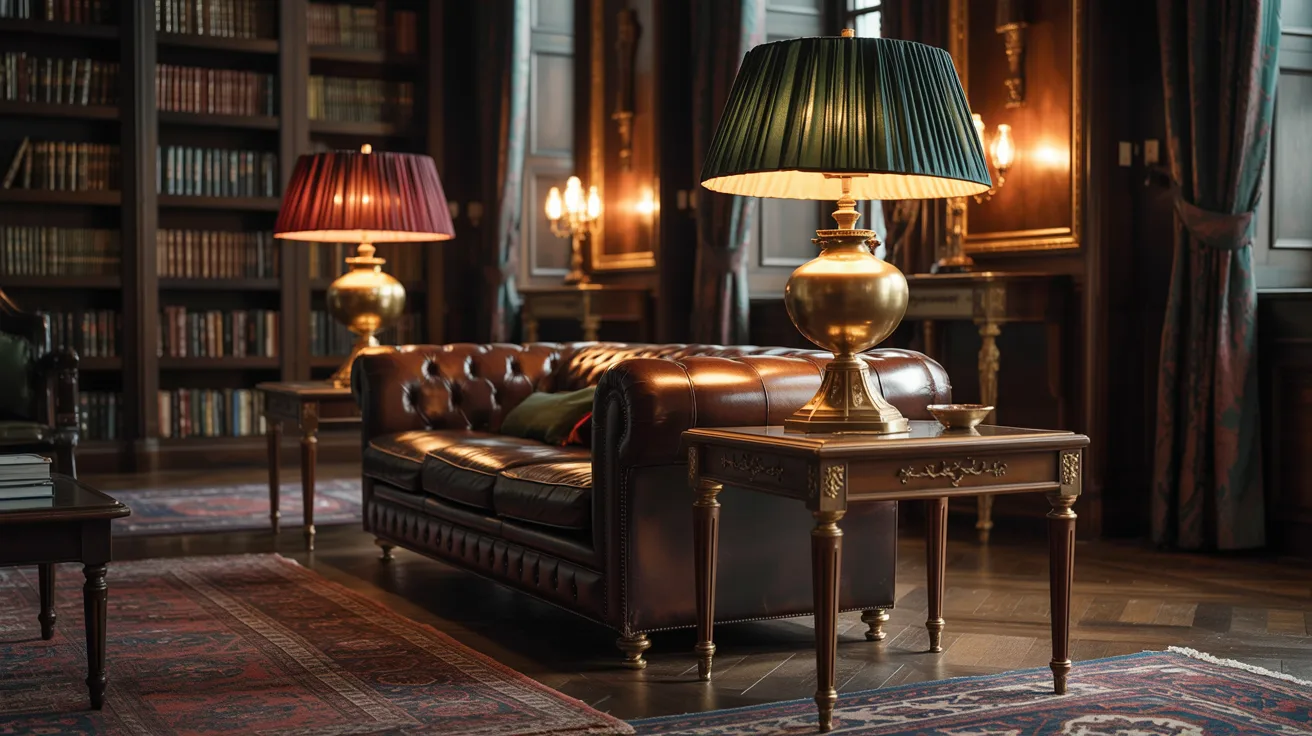 A cozy room featuring a leather couch and stylish lamps, creating a warm and inviting atmosphere.