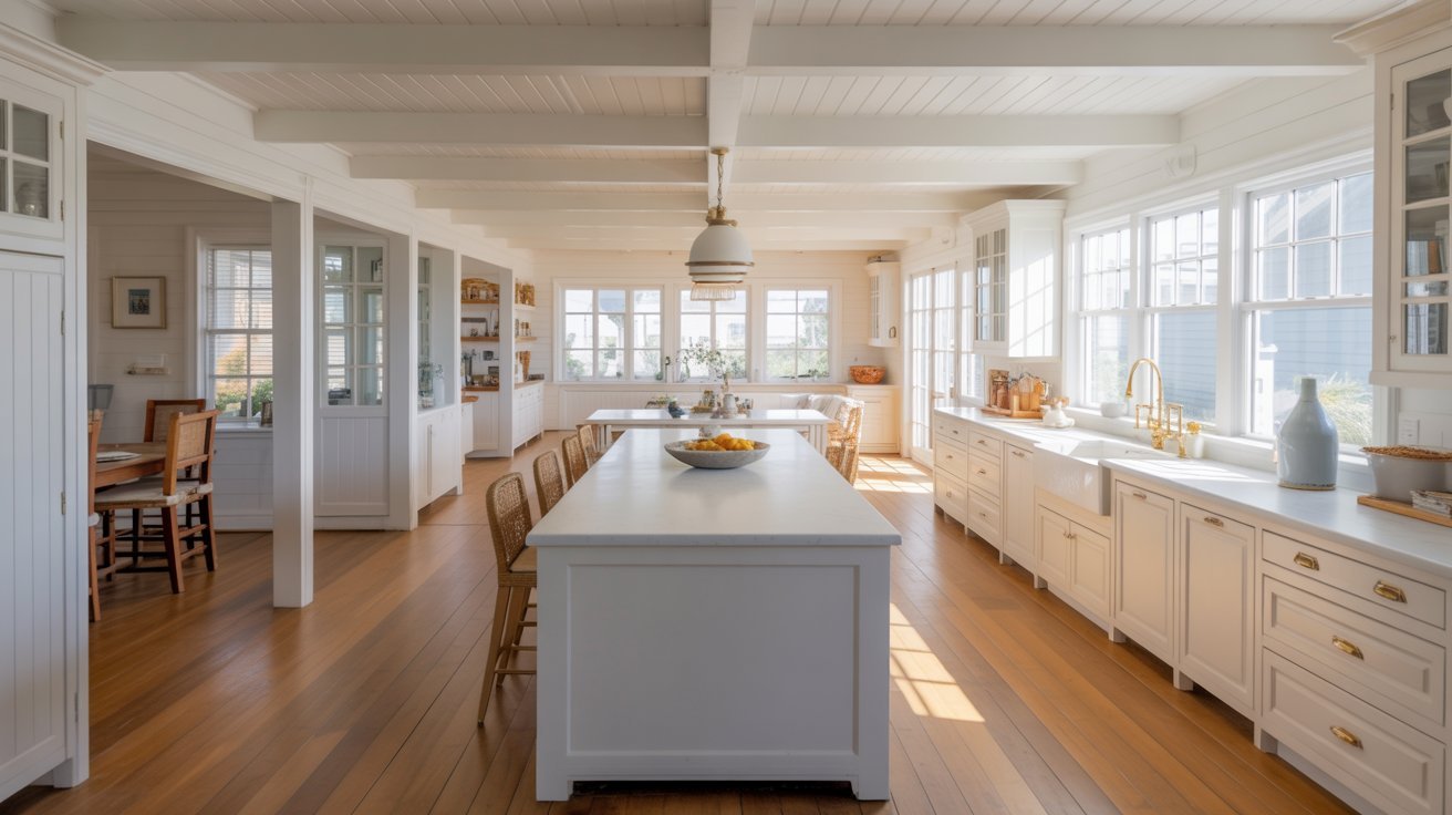  A modern kitchen featuring white cabinets and warm wooden floors, creating a bright and inviting atmosphere.

