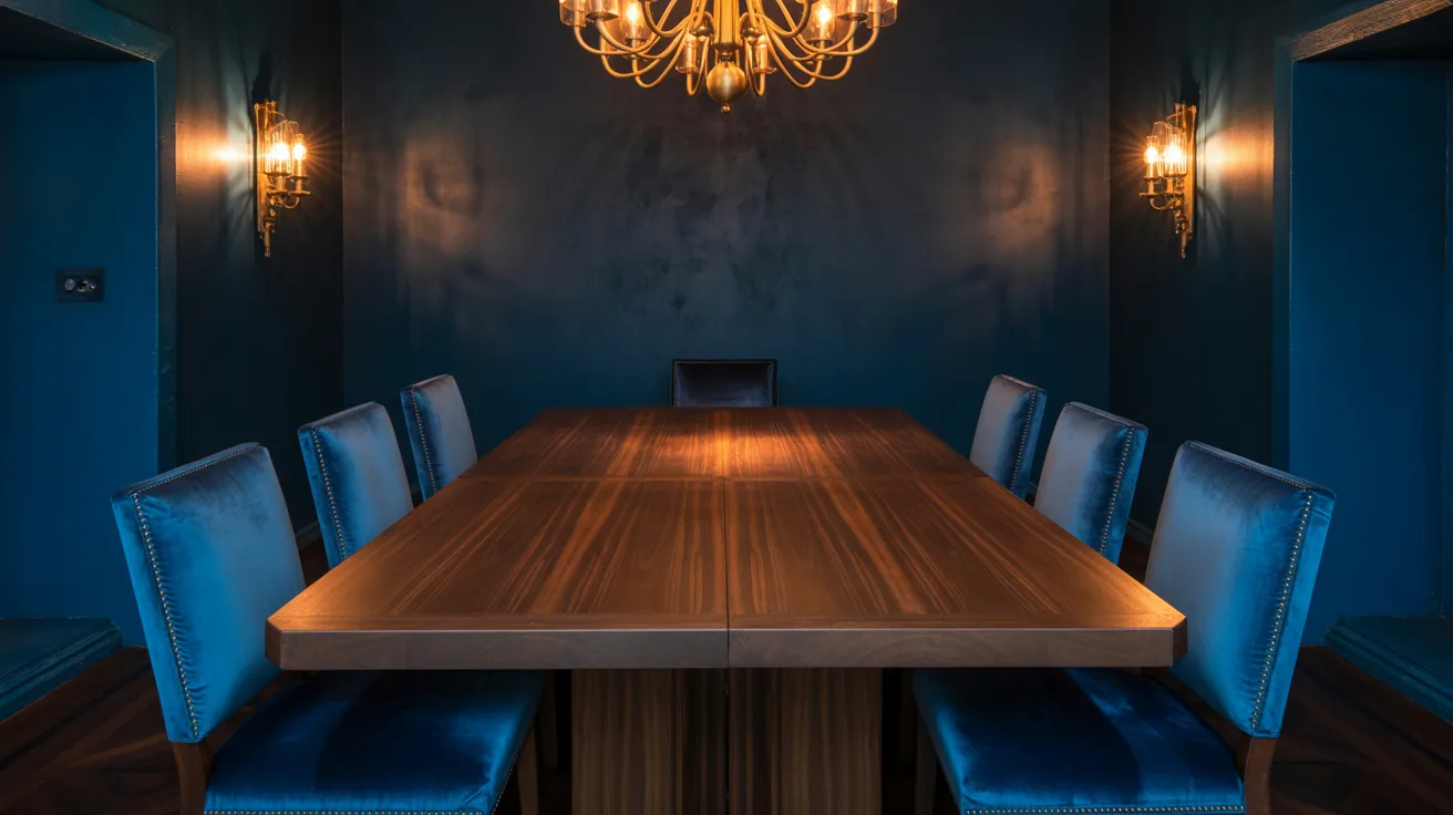 A dining room featuring blue walls and an elegant chandelier hanging from the ceiling.