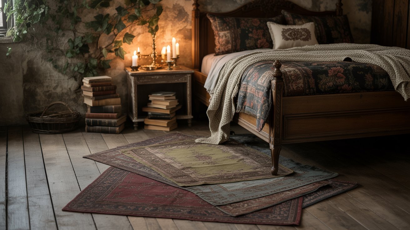 A cozy bedroom featuring a neatly made bed, a soft rug, and a stylish lamp illuminating the space.
