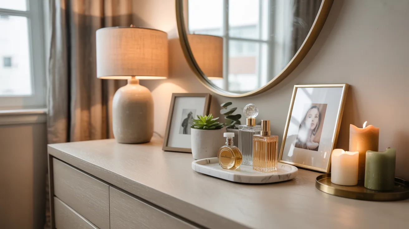 A dresser featuring a mirror, lit candles, and a lamp, creating a warm and inviting atmosphere.