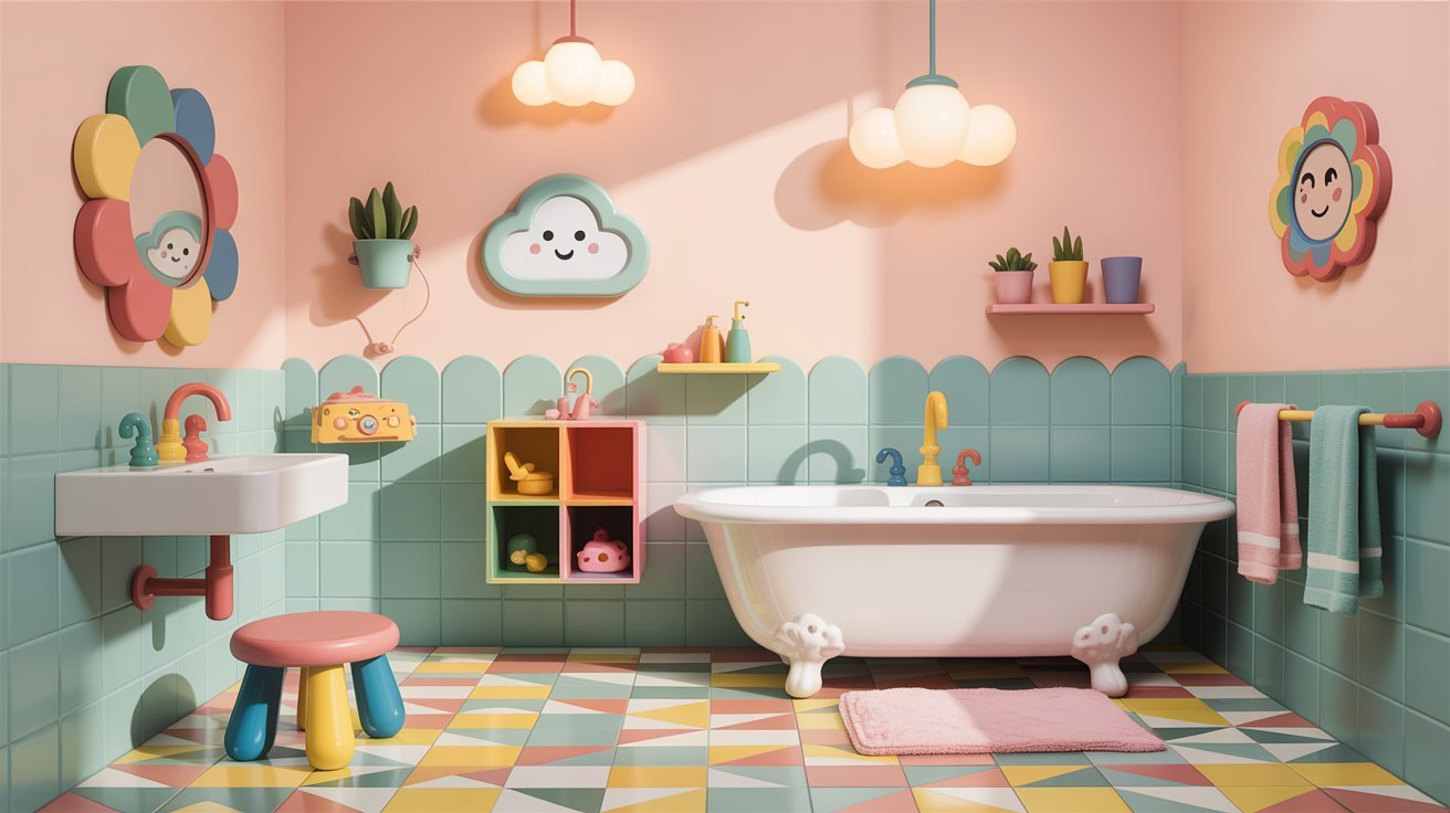 A vibrant bathroom featuring a bathtub, sink, and colorful toys scattered around.
