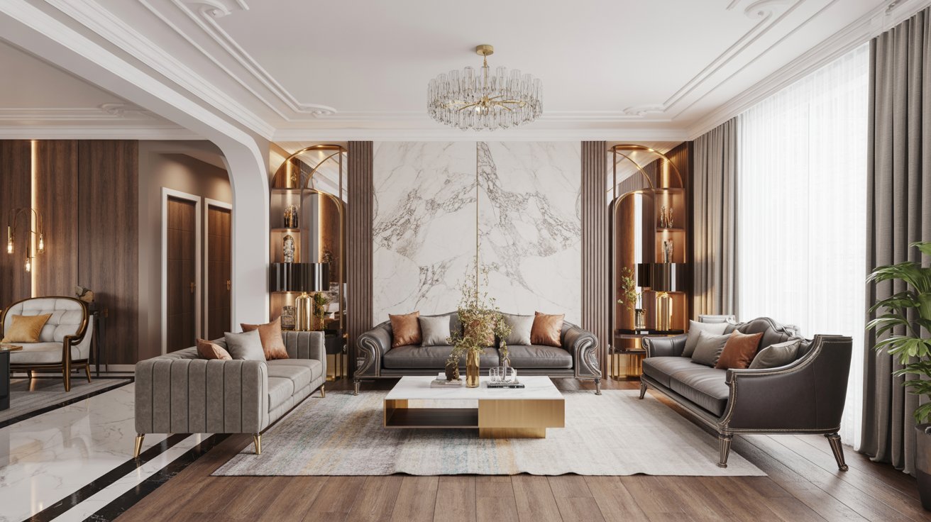  Elegant luxury living room featuring plush furniture, rich textures, and sophisticated decor elements.