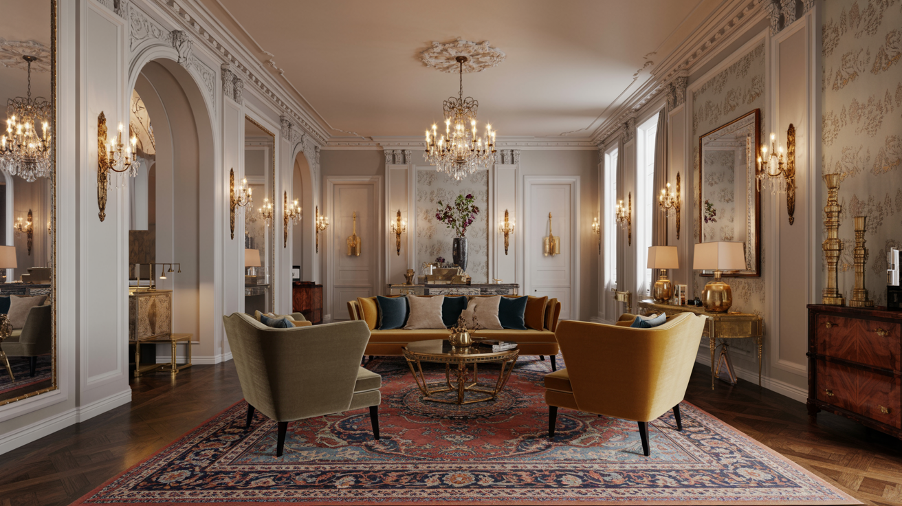 A luxurious living room featuring gold furniture and an elegant chandelier hanging from the ceiling.