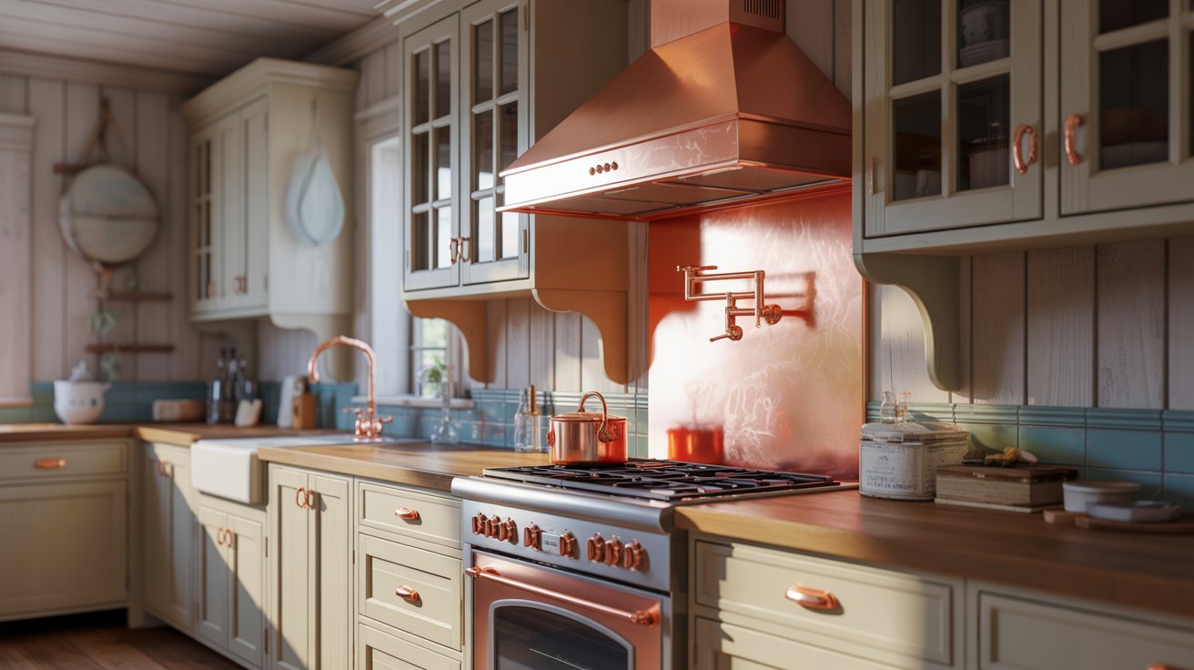 A modern kitchen featuring a polished copper stove and matching copper hood, highlighting a warm and elegant design.
